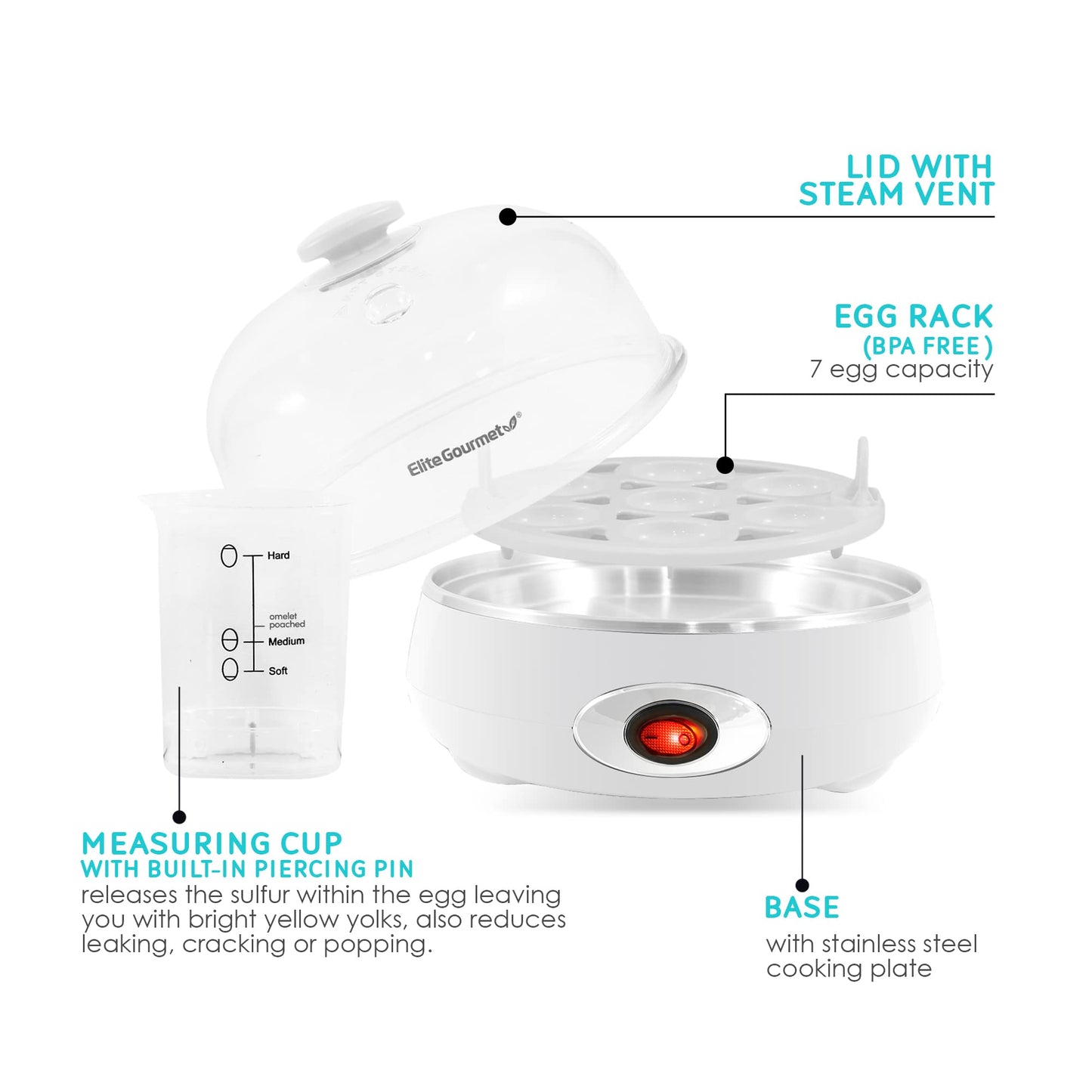 Elite Gourmet EGC115B Easy Egg Cooker Electric 7-Egg Capacity, Soft, Medium, Hard-Boiled Egg Cooker with Auto Shut-Off, Measuring Cup Included, BPA Free, Classic Black