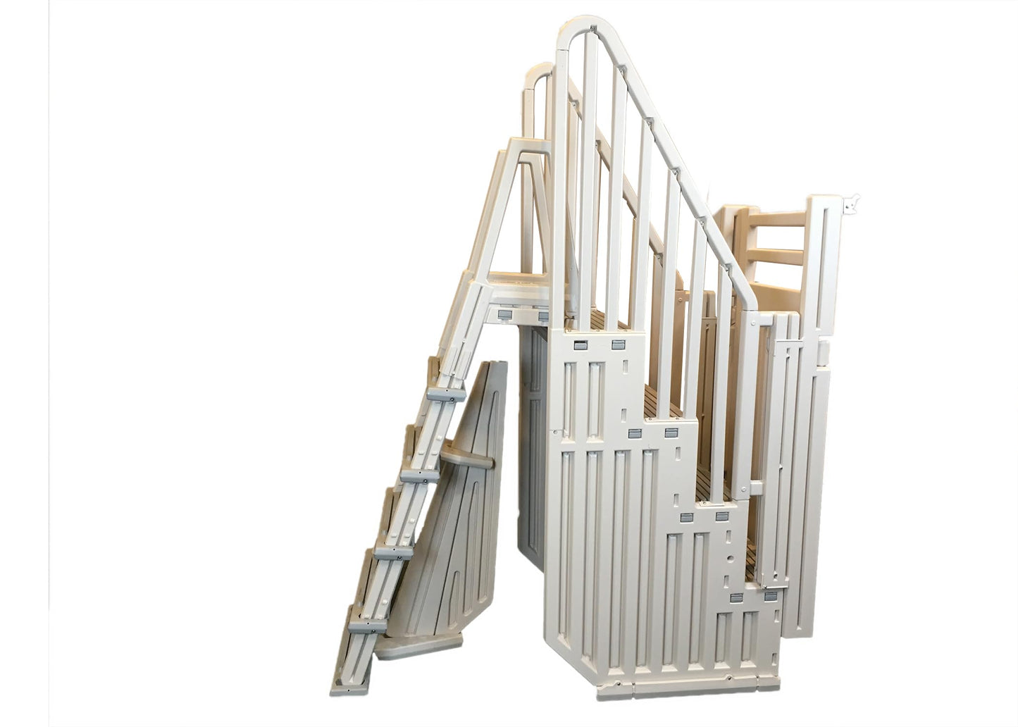 Confer Plastics Step-1X: Sturdy Above Ground Entry System with Dual Handrails and Slip-Resistant Steps, Easy Installation, Supports up to 400 lbs - Proudly Made in USA. Warm Grey with Grey Treads