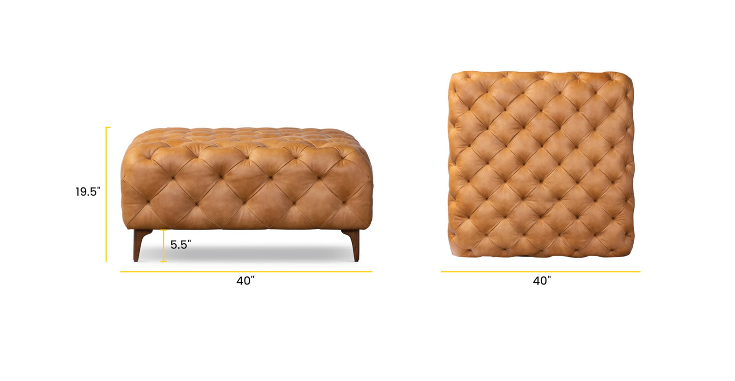 POLY & BARK Denver Ottoman – 43" Large Pouf with Feather-Down Topper – Full-Grain Leather Upholstered Pouf Ottoman for Living Room – Vintage Italian Leather in Cognac Tan
