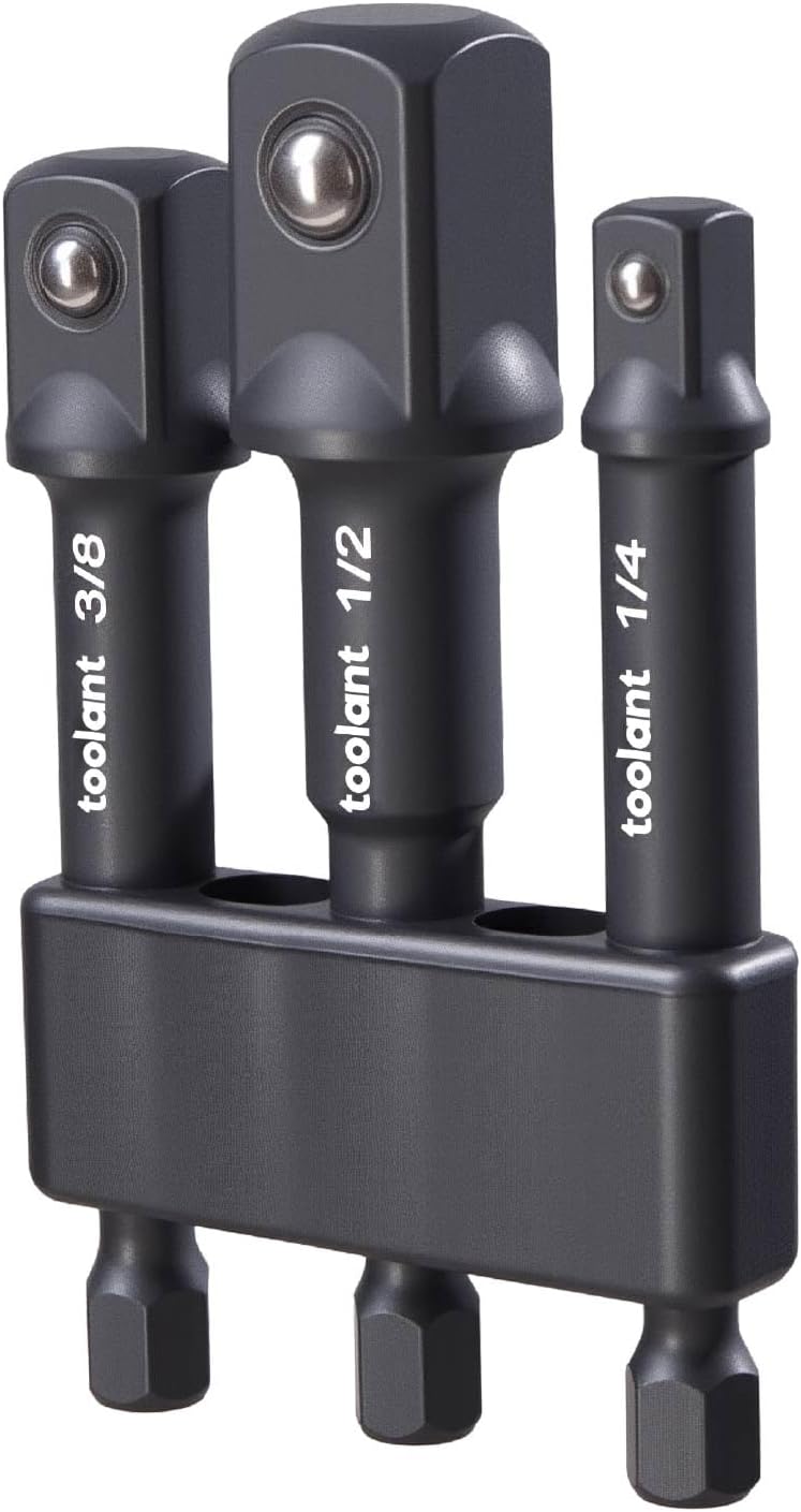 toolant Impact Socket Adapter Set, 3 pcs, 1/4", 3/8", 1/2" Drive, Hex Shank Drill Bit Adapter with Holder, Compatible with Power Drill & Impact Driver