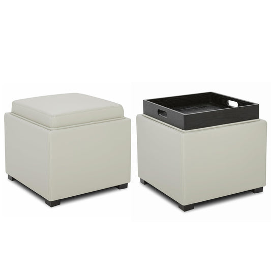 CHITA Storage Ottoman Cube with Tray Lid, Small Footstool with Storage, Square End Table for Living Room and Bedroom, Faux Leather in Saddle Brown