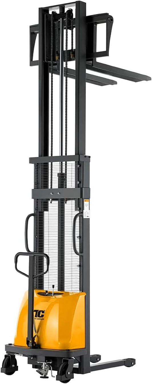 Tory Carrier Semi-Electric Pallet Stacker, Pallet Forklift with Fixed Legs & Straddle Forks 3300lbs Load Capacity 118" Max. Lifting Height, Material Lift Adaptable for Euro Pallets