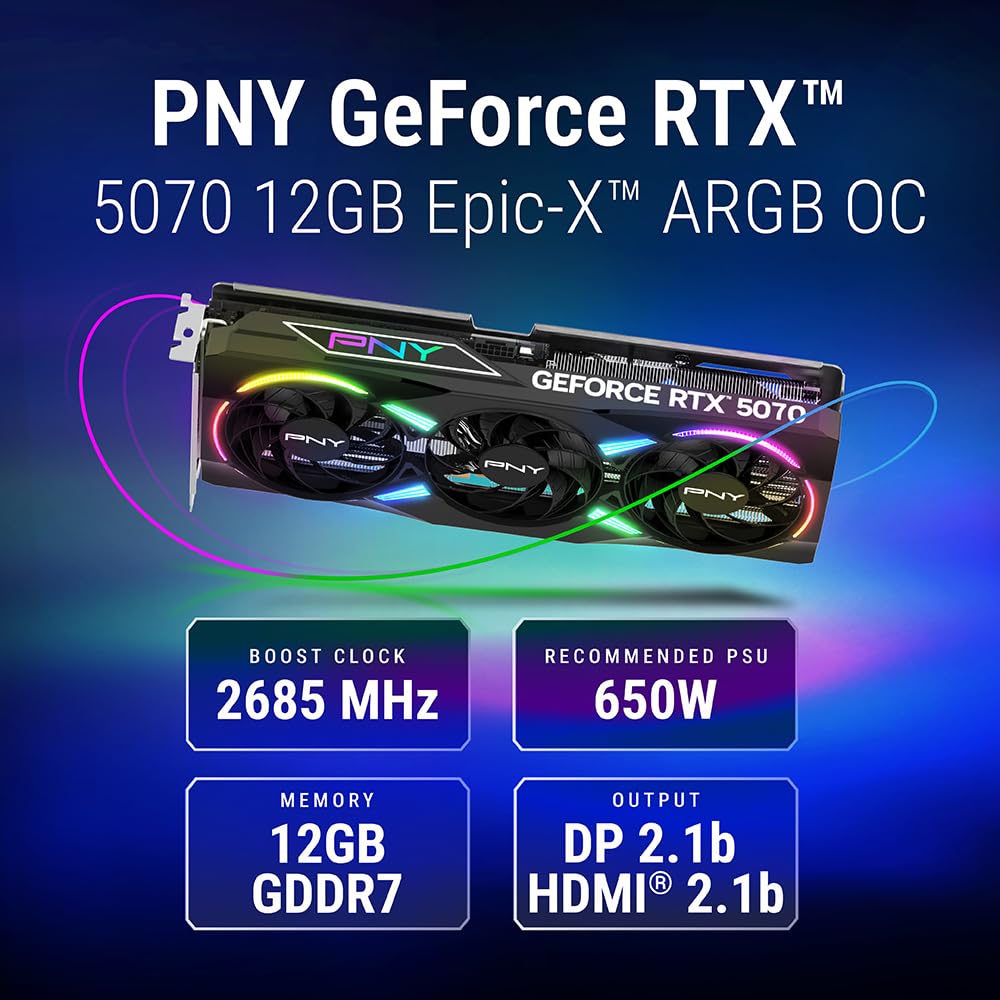 PNY NVIDIA GeForce RTX™ 5070 OC Triple Fan, Graphics Card (12GB GDDR7, 192-bit, Boost Speed: 2587 MHz, SFF-Ready, PCIe® 5.0, HDMI®/DP 2.1, 2.4-Slot, Blackwell Architecture, DLSS 4)