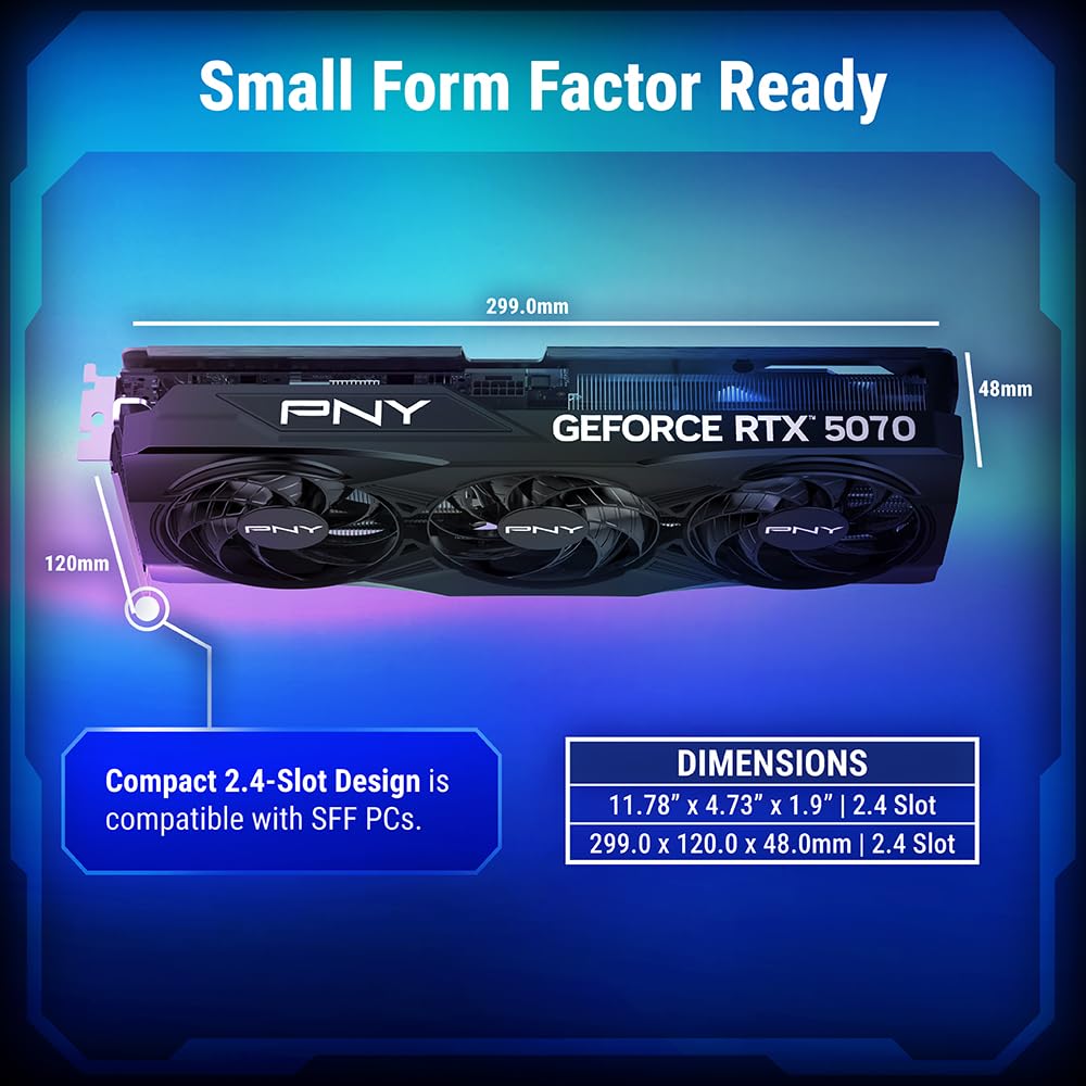 PNY NVIDIA GeForce RTX™ 5070 OC Triple Fan, Graphics Card (12GB GDDR7, 192-bit, Boost Speed: 2587 MHz, SFF-Ready, PCIe® 5.0, HDMI®/DP 2.1, 2.4-Slot, Blackwell Architecture, DLSS 4)