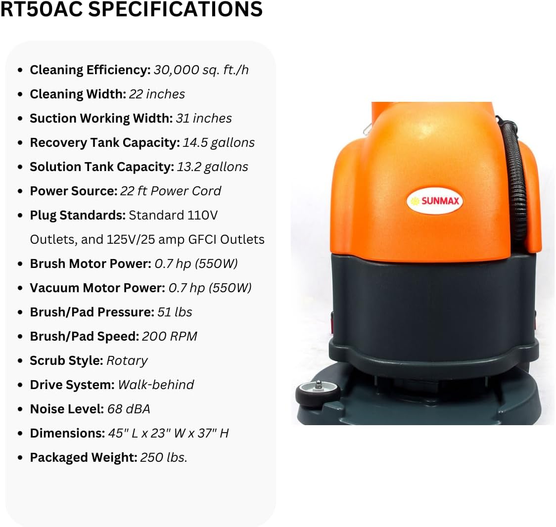 SUNMAX RT50AC 22" Electric Floor Scrubber Dryer Machine, 22 FEET Power Cord, 14.5-Gal Sewage Tank, 22" Brush/Pad Cleaning Width; 31" Squeegee Width
