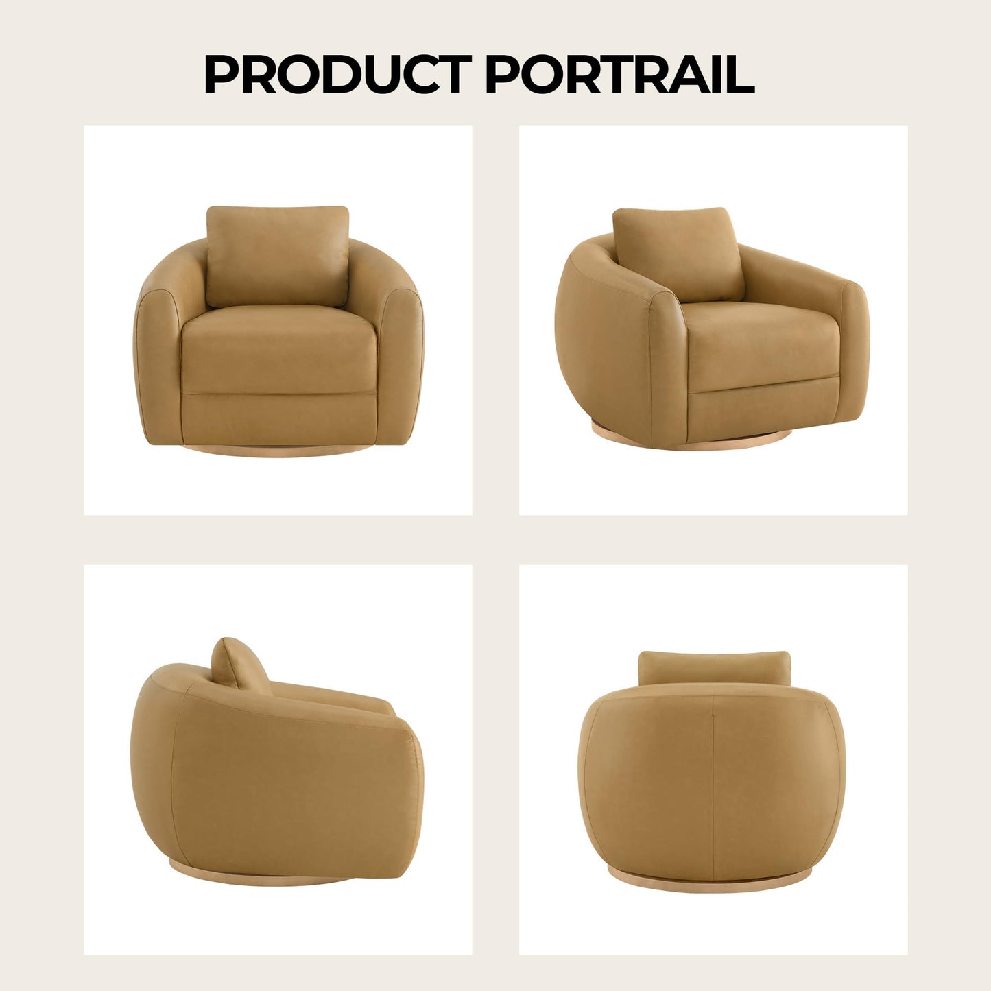 CHITA Genuine Leather Swivel Accent Chair, FSC Certified Mid Century Modern Arm Chair with Wood Base for Living Room and Bedroom, Fully Assembled, Sand