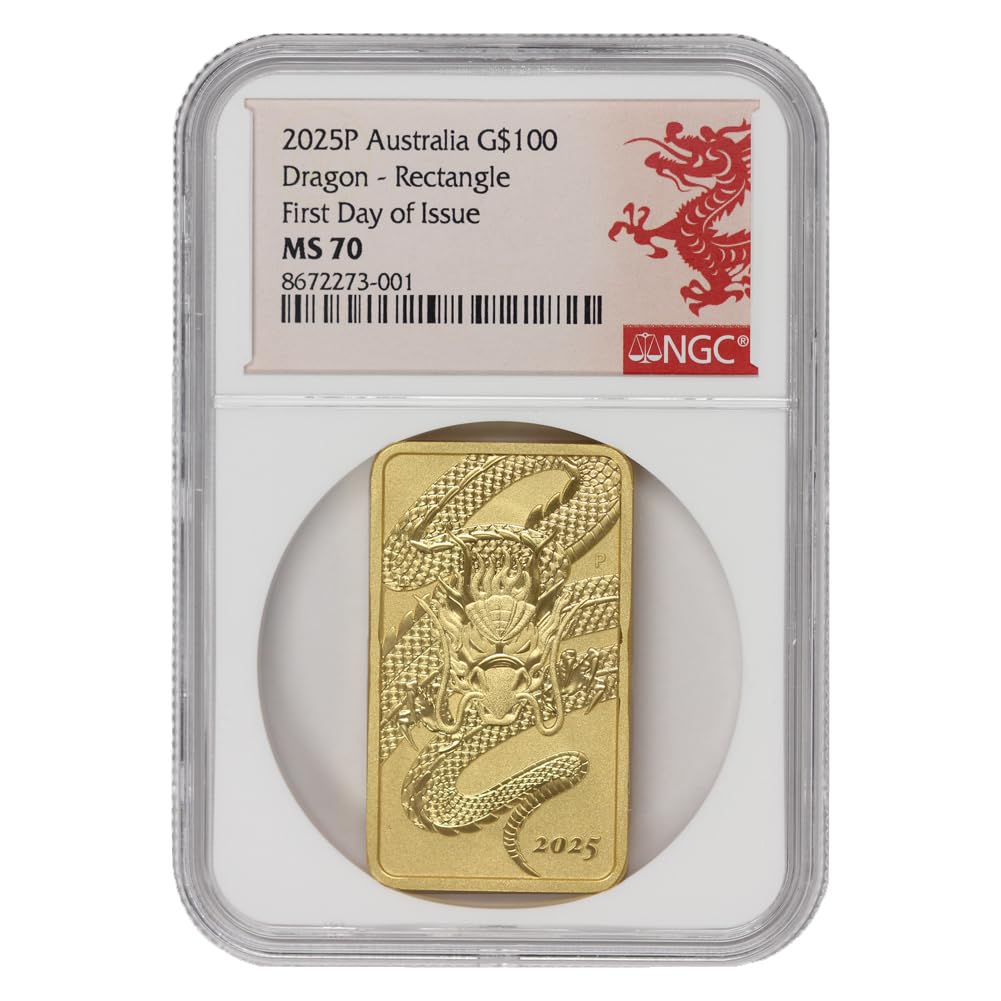 2025 1oz Australian Gold Dragon Bar MS-70 First Day of Issue Lunar Label $100 NGC MS70