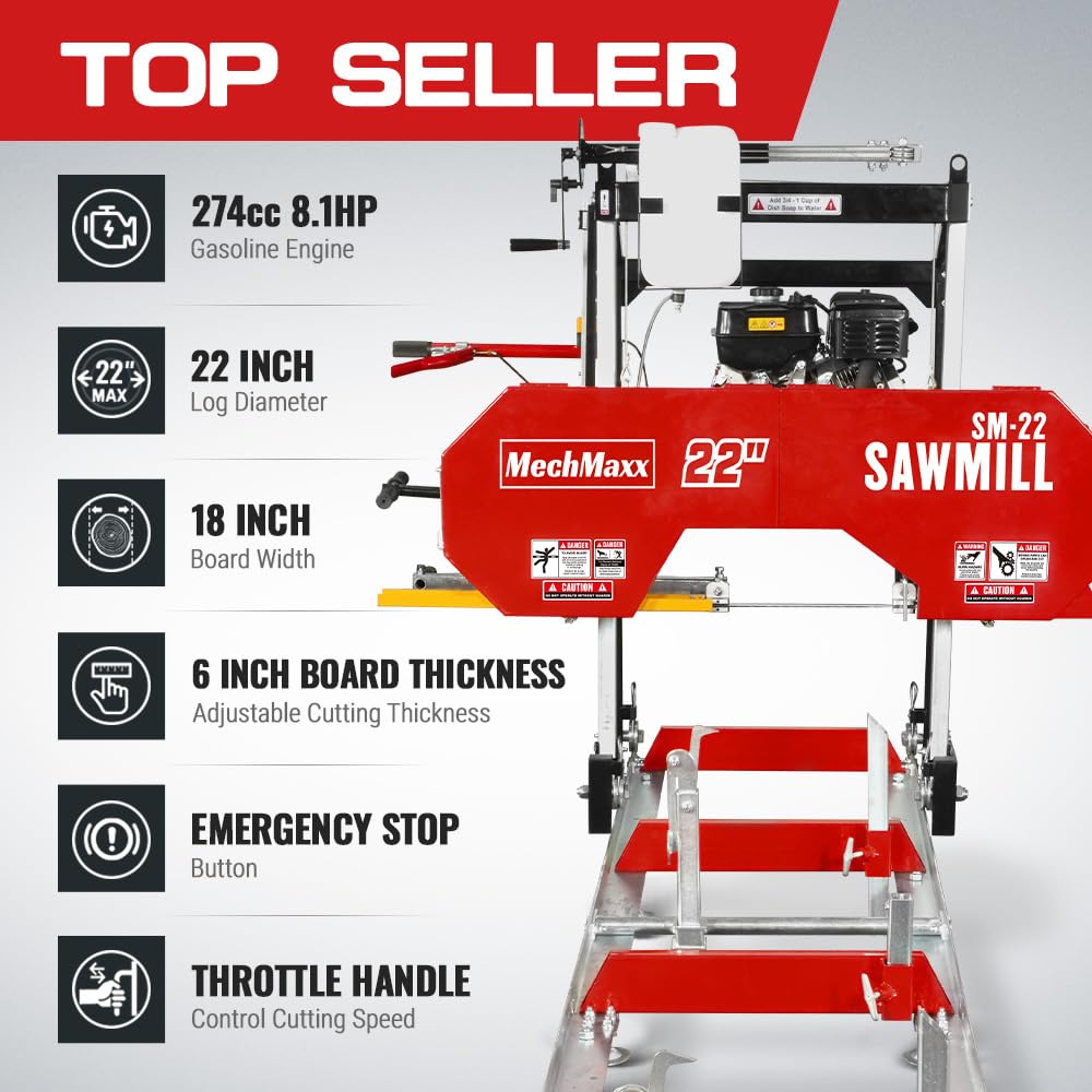 MechMaxx 22" Portable Sawmill, 13' Track Length, 18" Board Width, SM-22