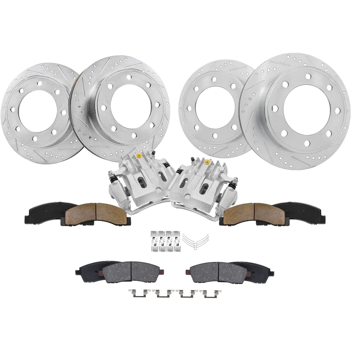 Detroit Axle - Brake Kit for Chevy GMC Silverado Sierra 1500 Tahoe Yukon XL Suburban Escalade ESV Drilled Disc Rotors Ceramic Brakes Pads Replacement : 12.99" Front & 13.58" Rear Rotor