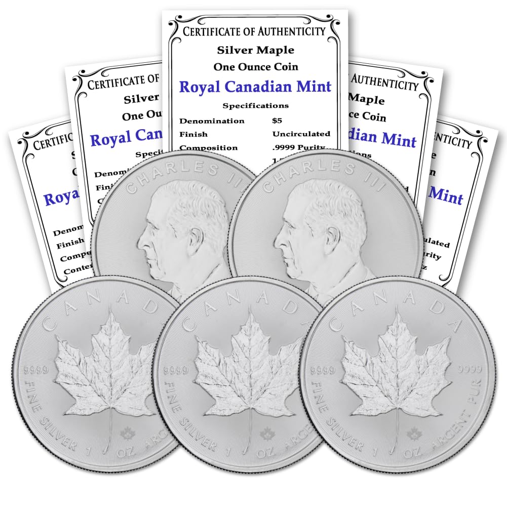 2026 - Lot of (5) 1 oz Canadian Maple Leaf Silver Coins Brilliant Uncirculated with Certificates of Authenticity $5 Seller BU