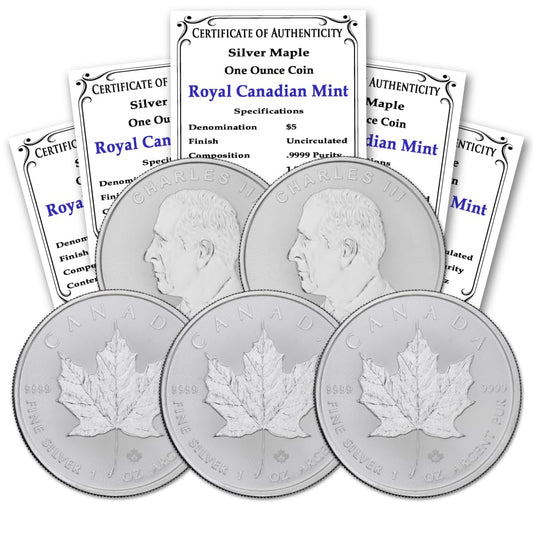2026 - Lot of (5) 1 oz Canadian Maple Leaf Silver Coins Brilliant Uncirculated with Certificates of Authenticity $5 Seller BU