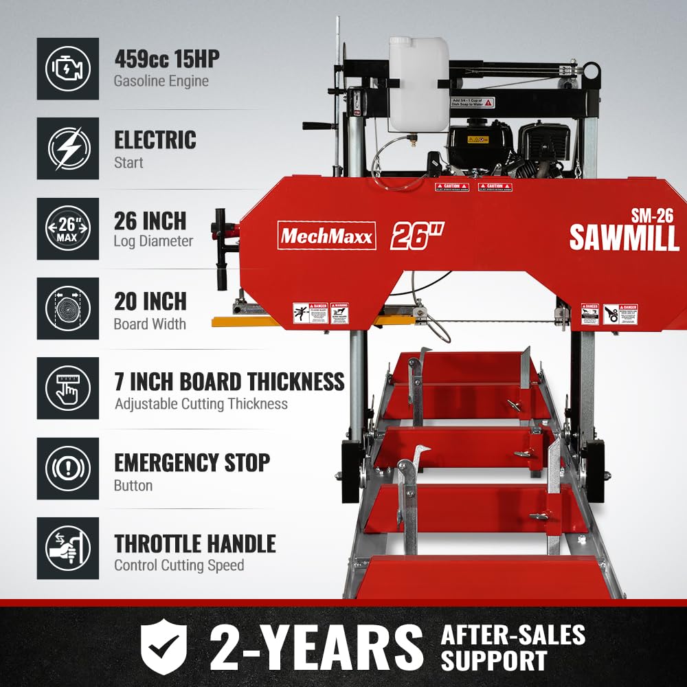 MechMaxx 32" Portable Sawmill, ZONSEN 459cc 15HP E-Start Gasoline Engine, 26.5" Board Width, 13' Track Length, Model SM-32