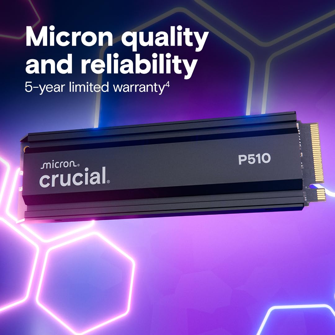 Crucial P510 PCIe Gen5 NVMe 2TB SSD with Heatsink, Up to 10,000MB/s, TLC NAND, Laptop & Desktop (PC) Compatible, for Gamers & Creatives, Solid State Drive – CT2000P510SSD5-01