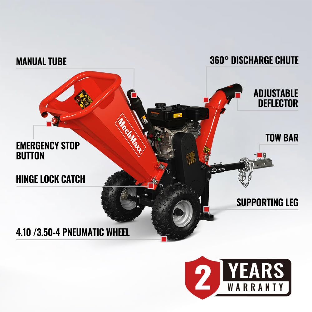 MechMaxx 6 inch ZONSEN 459cc 15hp E-Start Gas Powered 4-Wheels Wood Chipper Shredder Mulcher with Towbar/Tail Light/Emergency Stop Button/Stop Bar, Model B150 Red