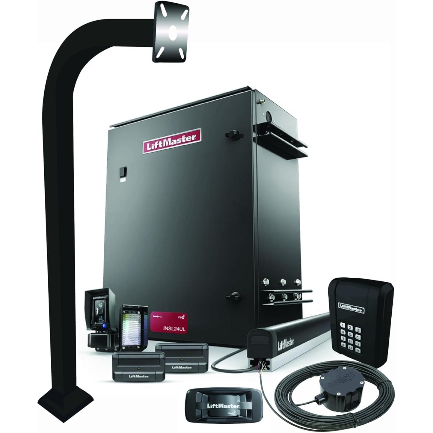 LiftMaster CSL24UL Commercial Slide Gate Operator – High-Traffic Gate Opener Kit with 811LM Remotes, KPW5 Keypad, myQ 828LM Gateway, LMRRUL Photo Eye, S505AL, LA Ornamental 42" Pedestal, CP4 Cartell