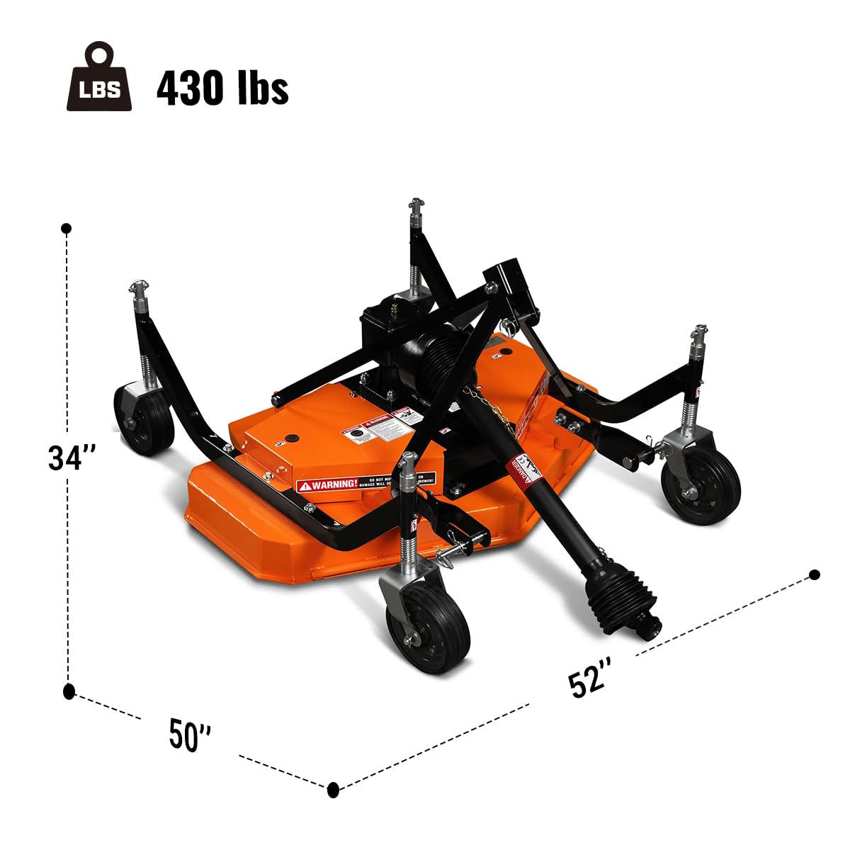 3 Point PTO 60'' Working Width Finish Mower Attachment for 18-50hp Tractor, Category 1 Hitch, 4-Tires, 0.4'' - 4.5'' Adjustable Cutting Height, Model FM150