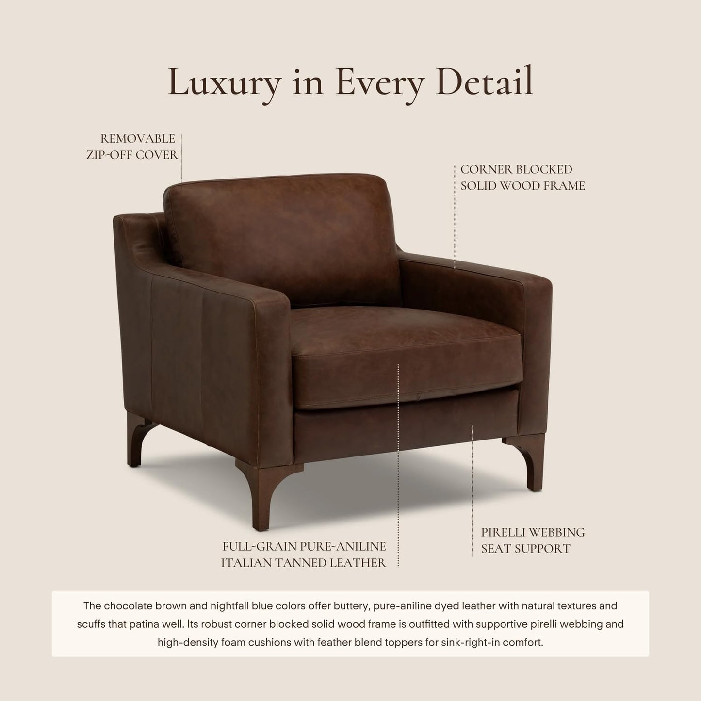 Poly & BARK Mateo Leather Lounge Chair – Cognac Tan Full-Grain Leather Upholstery – Modern Upholstered Accent Chair for Living Room or Bedroom – Indoor Lounge Seating with Timeless Comfort