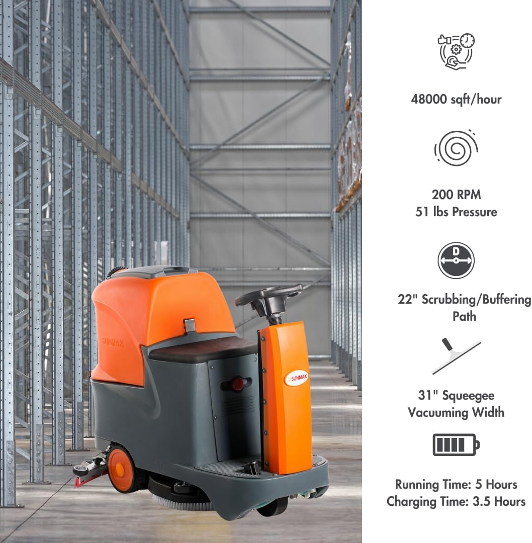 SUNMAX 22" Ride-On Floor Scrubber Machine, 18.5 Gal Tanks, 48,000 Sq.Ft/H Efficiency, 3.5H Fast-Charging Lithium Battery – Commercial & Industrial Floor Cleaning Machine