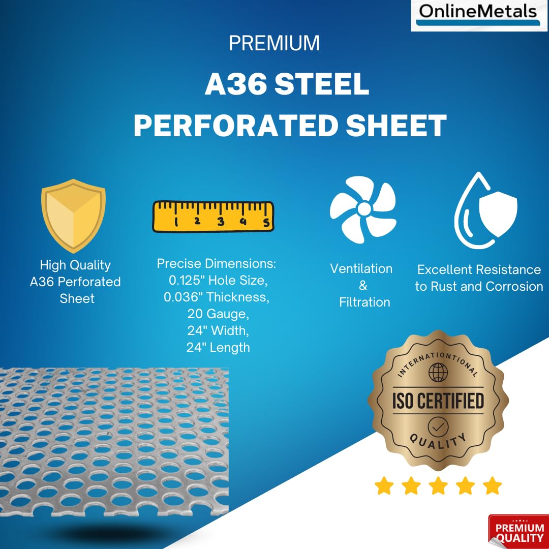 A36 Carbon Steel Perforated Sheet, Unpolished (Mill) Finish, Hot Rolled, Staggered 0.1875" Holes, ASTM A36, 0.06" Thickness, 16 Gauge, 24" Width, 24" Length, 0.25" Center to Center, OnlineMetals