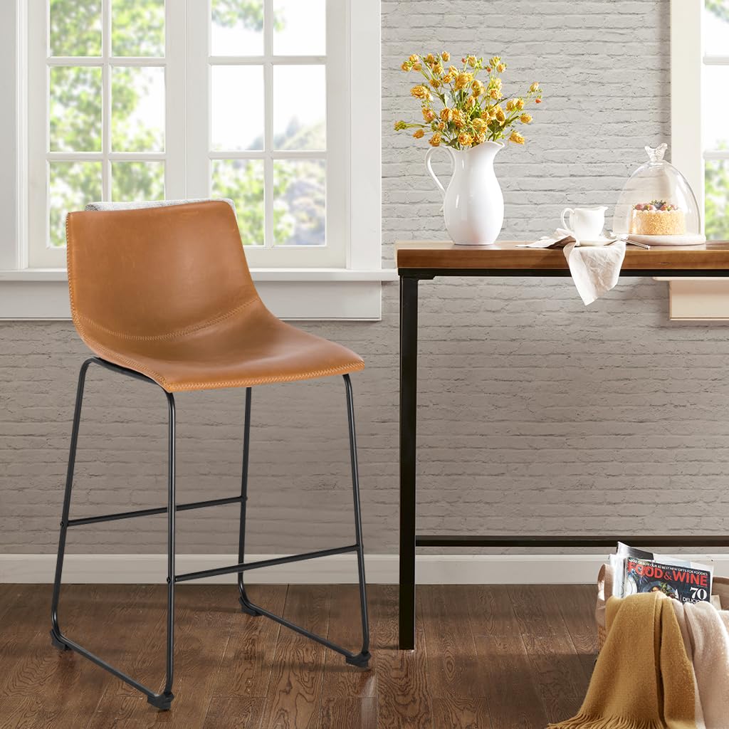 POLY & BARK Brinley Counter Stool Set of 3, Modern Armless Counter-Height Stools with Gently Curved Backrest and Wood Legs, Tan Faux Leather, for Kitchen Island or Breakfast Bar, 24" seat height
