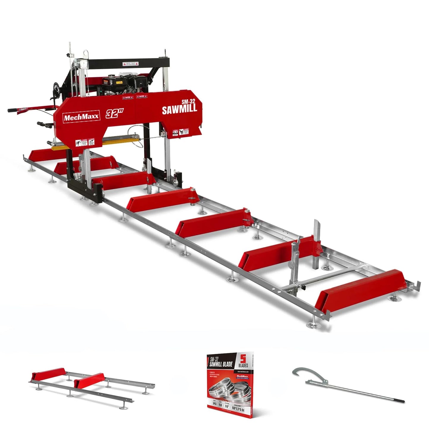 MechMaxx 32" Portable Sawmill, ZONSEN 459cc 15HP E-Start Gasoline Engine, 26.5" Board Width, 13' Track Length, Model SM-32