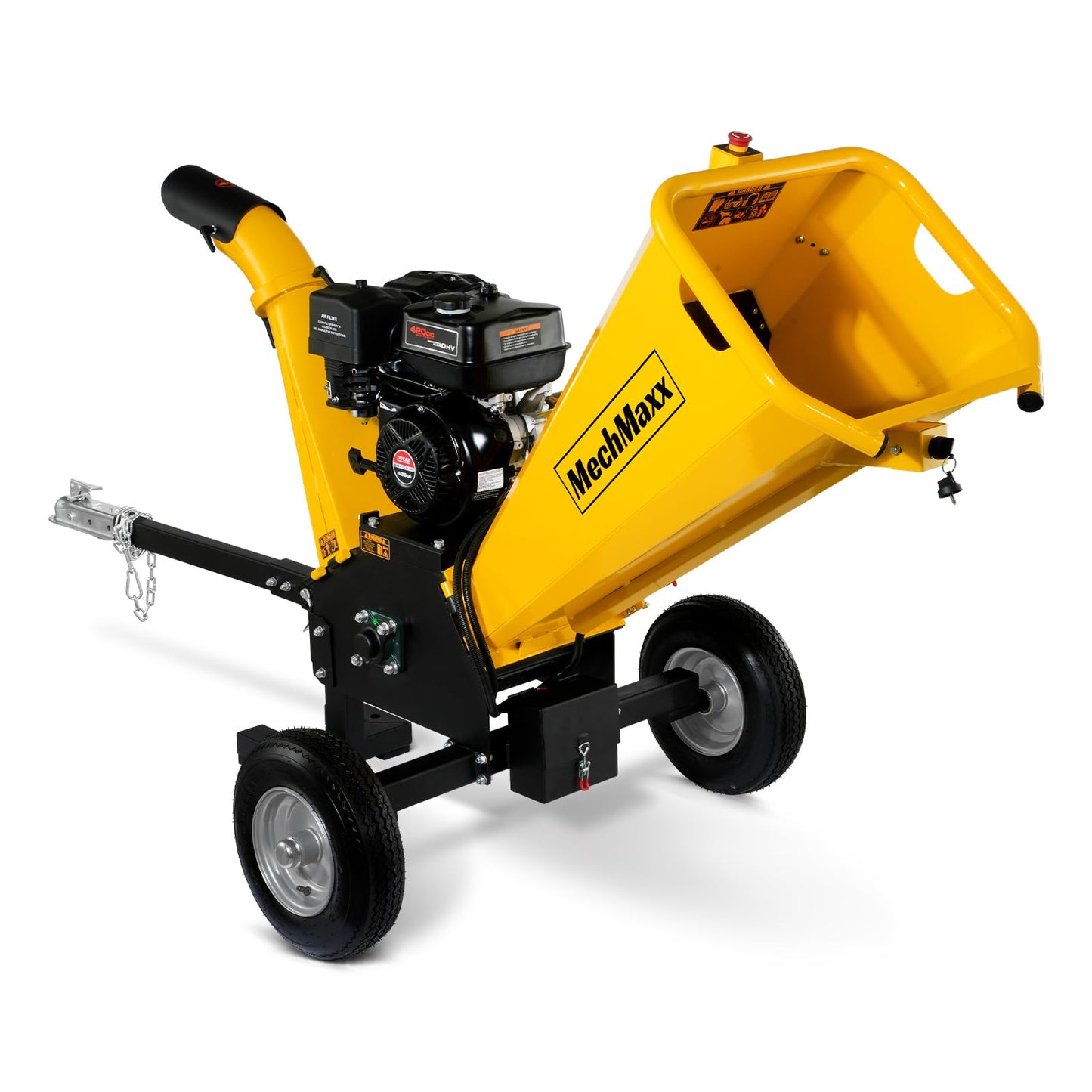 MechMaxx 6 inch ZONSEN 459cc 15hp E-Start Gas Powered 4-Wheels Wood Chipper Shredder Mulcher with Towbar/Tail Light/Emergency Stop Button/Stop Bar, Model B150 Red