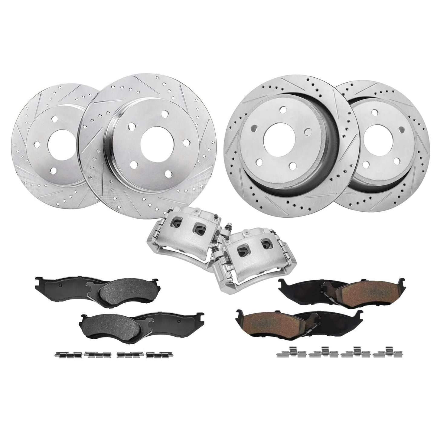 Detroit Axle - Brake Kit for Chevy GMC Silverado Sierra 1500 Tahoe Yukon XL Suburban Escalade ESV Drilled Disc Rotors Ceramic Brakes Pads Replacement : 12.99" Front & 13.58" Rear Rotor