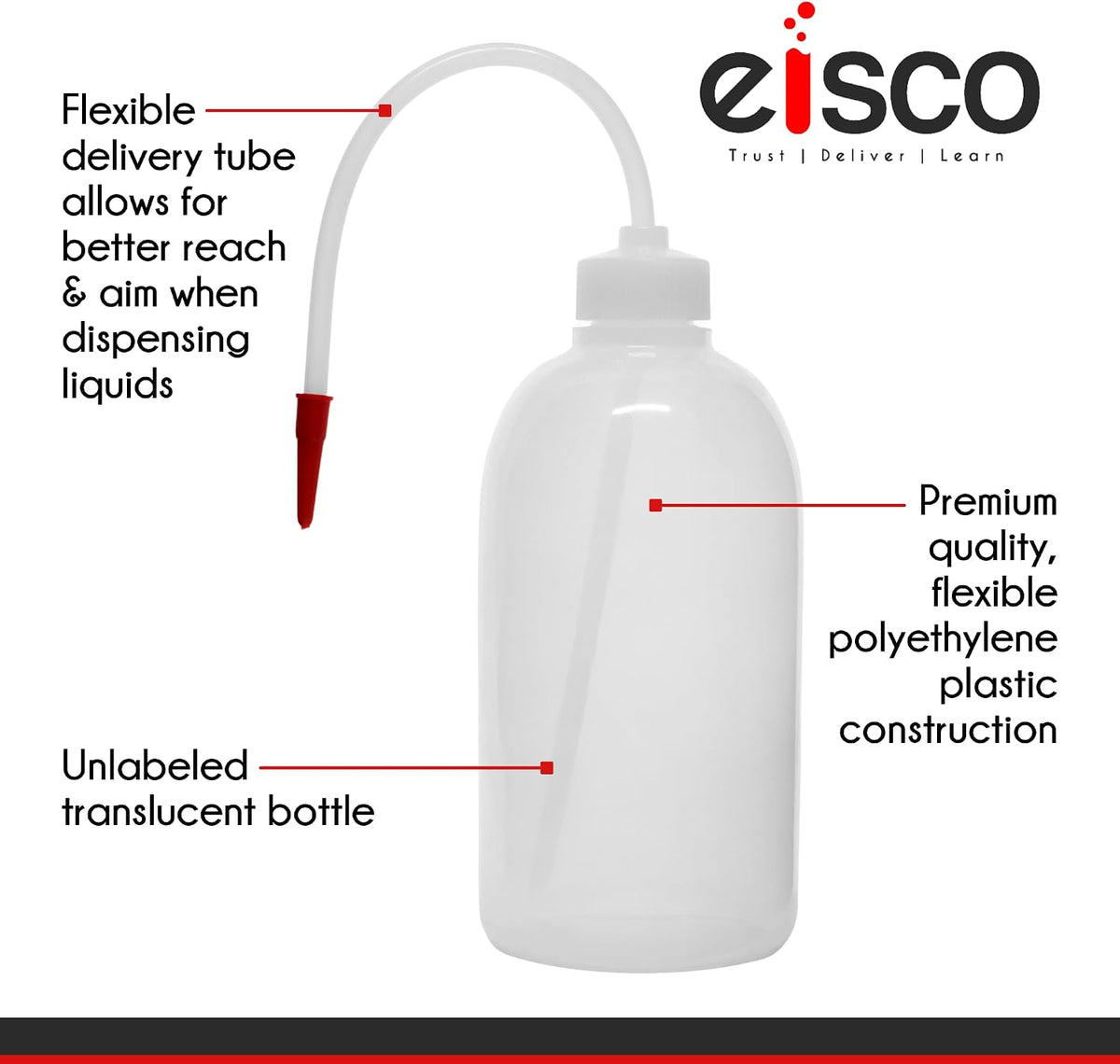 EISCO Wash Bottle, 500ml - Polyethylene - Translucent, Unbreakable - Screw Cap with Flexible Delivery Tube for Dispensing Liquid - Includes Tube Cap Labs