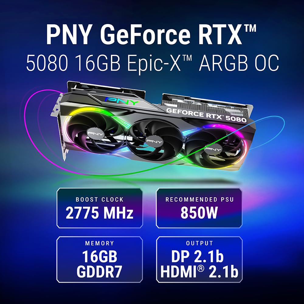 PNY NVIDIA GeForce RTX™ 5080 OC Triple Fan, Graphics Card (16GB GDDR7, 256-bit, Boost Speed: 2730 MHz, PCIe® 5.0, HDMI®/DP 2.1, 2.99-Slot, NVIDIA Blackwell Architecture, DLSS 4)