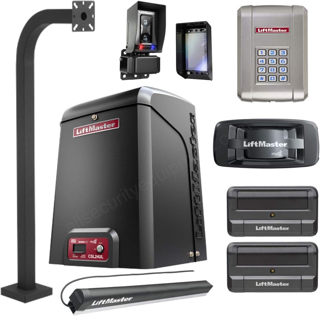 Liftmaster CSL24U / CSL24UL Slide Gate Opener Kit W/Battery Back-Up, 2 Remotes, 828LM Gateway, KPW250 Wireless Keypad & Keypad Pedestal