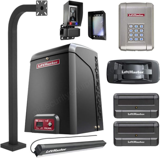Liftmaster CSL24U / CSL24UL Slide Gate Opener Kit W/Battery Back-Up, 2 Remotes, 828LM Gateway, KPW250 Wireless Keypad & Keypad Pedestal