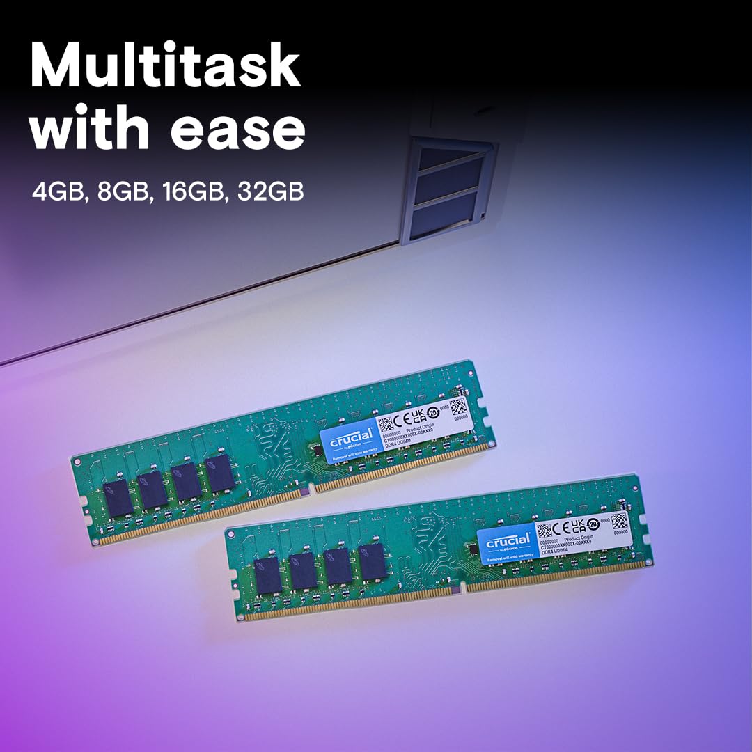 Crucial 32GB DDR4 RAM Kit (2x16GB), 3200MHz (PC4-25600) CL22 Desktop Memory, UDIMM 288-Pin, Downclockable to 2933/2666MHz, Compatible with Intel and AMD Ryzen - CT2K16G4DFRA32A