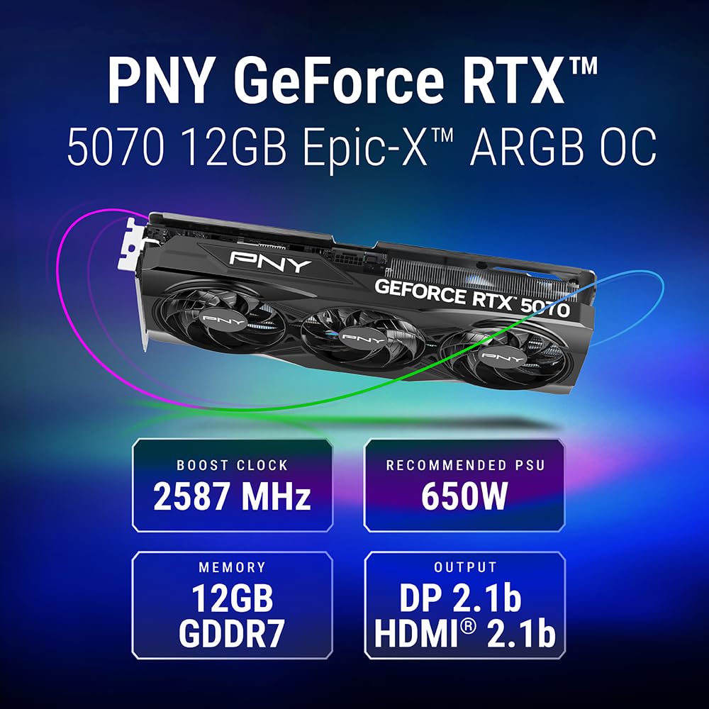 PNY NVIDIA GeForce RTX™ 5070 OC Triple Fan, Graphics Card (12GB GDDR7, 192-bit, Boost Speed: 2587 MHz, SFF-Ready, PCIe® 5.0, HDMI®/DP 2.1, 2.4-Slot, Blackwell Architecture, DLSS 4)