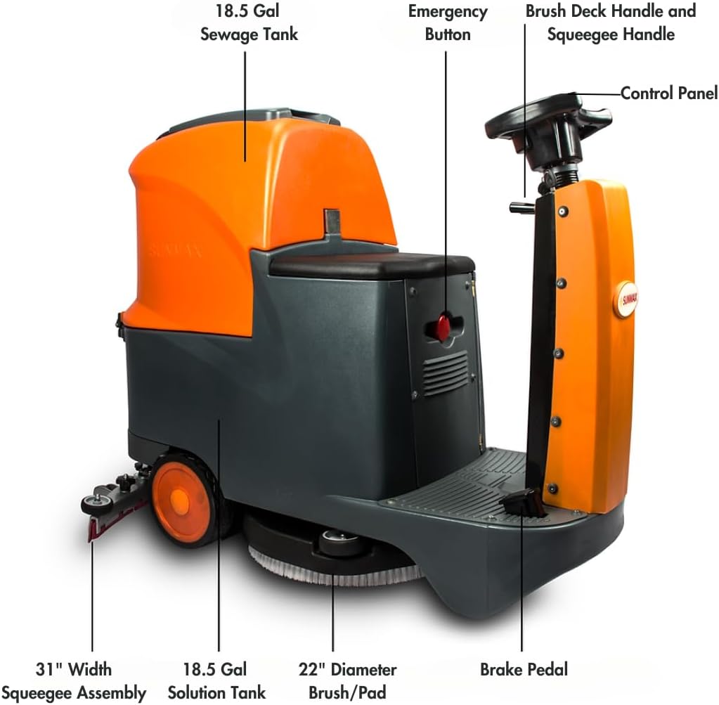 SUNMAX 22" Ride-On Floor Scrubber Machine, 18.5 Gal Tanks, 48,000 Sq.Ft/H Efficiency, 3.5H Fast-Charging Lithium Battery – Commercial & Industrial Floor Cleaning Machine