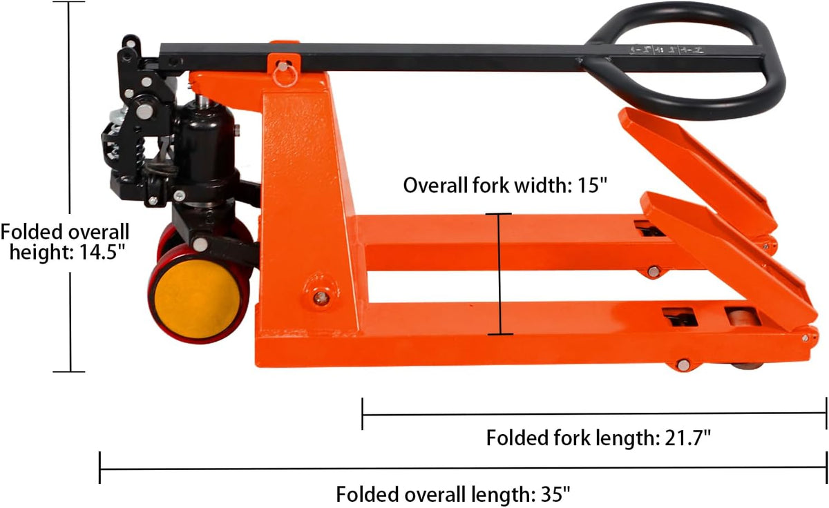 Tory Carrier Mini Pallet Jack Trucks, 2200 lbs Capacity 31.5" x 15" Forks, Small Size Narrow Manual Pallet Lift, Foldable Forks and Handle, Orange