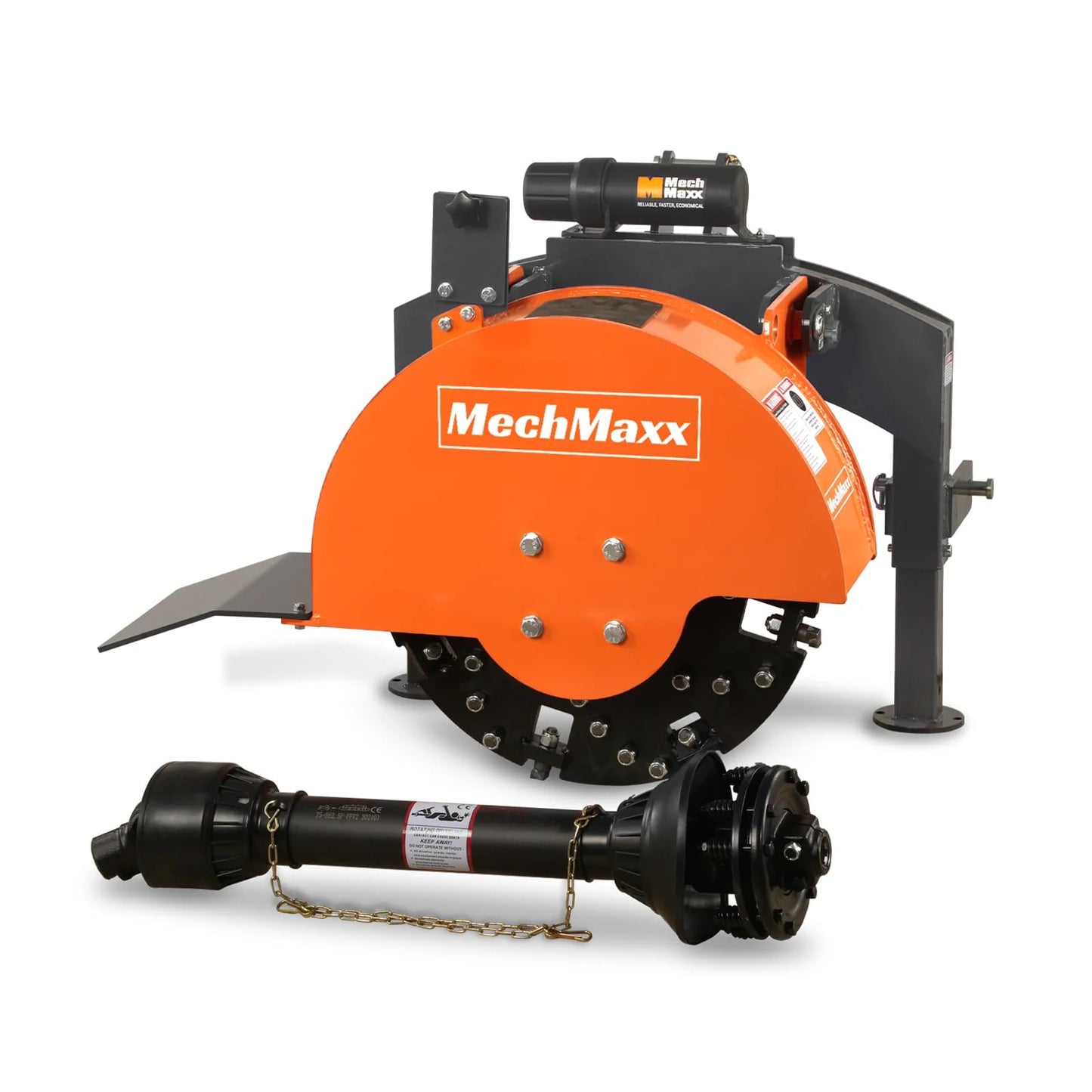 MechMaxx Heavy Duty 3-Point PTO Powered Stump Root Grinder For 15-45HP Tractors With 34 Carbide Teeth, 6'' Cutting Depth, 24'' Flywheel Diameter, Model SG24 Orange