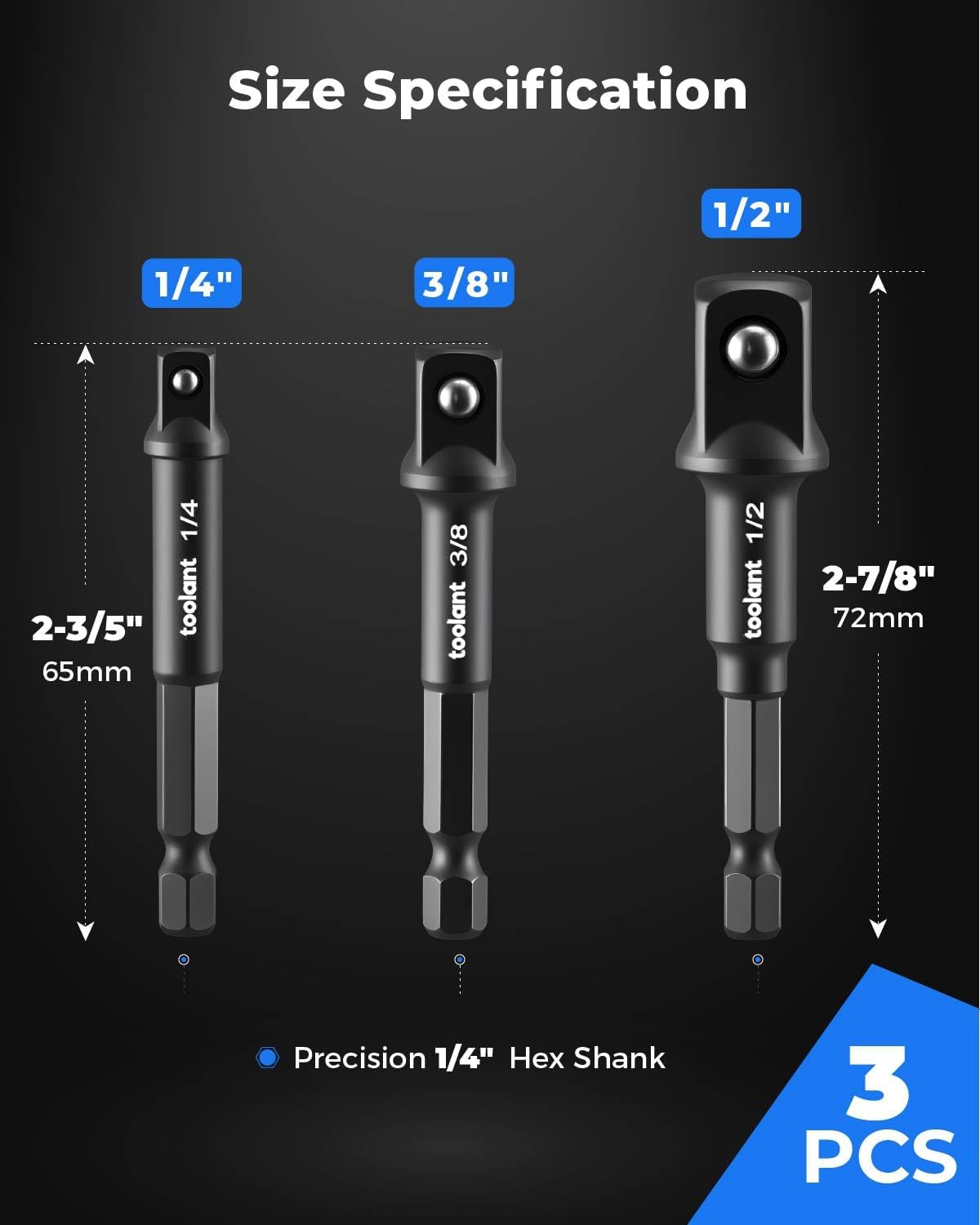 toolant Impact Socket Adapter Set, 3 pcs, 1/4", 3/8", 1/2" Drive, Hex Shank Drill Bit Adapter with Holder, Compatible with Power Drill & Impact Driver