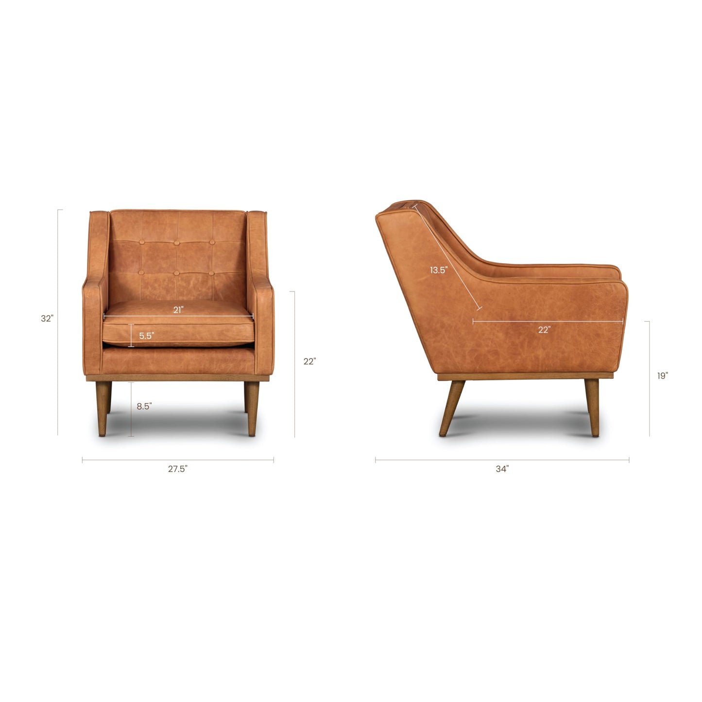 Poly & BARK Rowan Lounge Chairs Set of 2 – Mid Century Modern Leather Armchairs with Ribbed Seat and Solid Ash Wood Frame, Cognac Tan