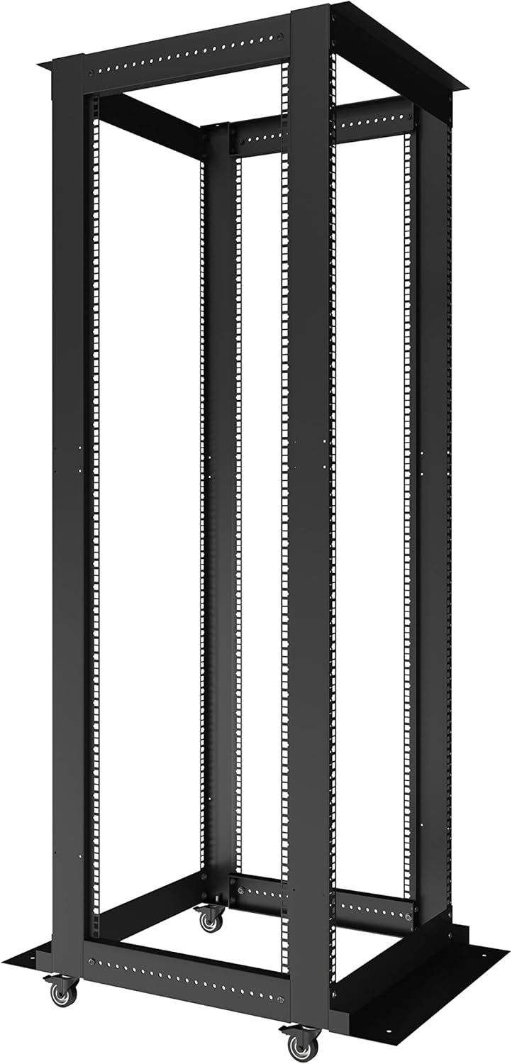 Sysracks 42U Open Frame Rack, Adjustable 24-37", 19-Inch EIA-310 | 4-post steel frame, square mounting holes, casters, cage nuts and screws