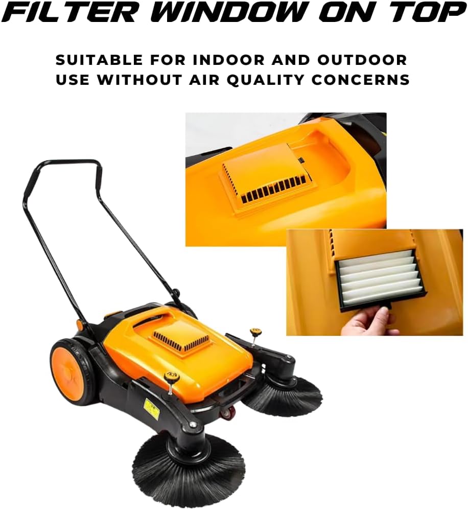 RT980S 38" Outdoor and Indoor Manual Push Floor Sweeper with Triple Brushes, 12-gal Waste Container, 38,000 Square Feet per Hour, Walk-Behind Industrial and Commercial Floor Sweeper