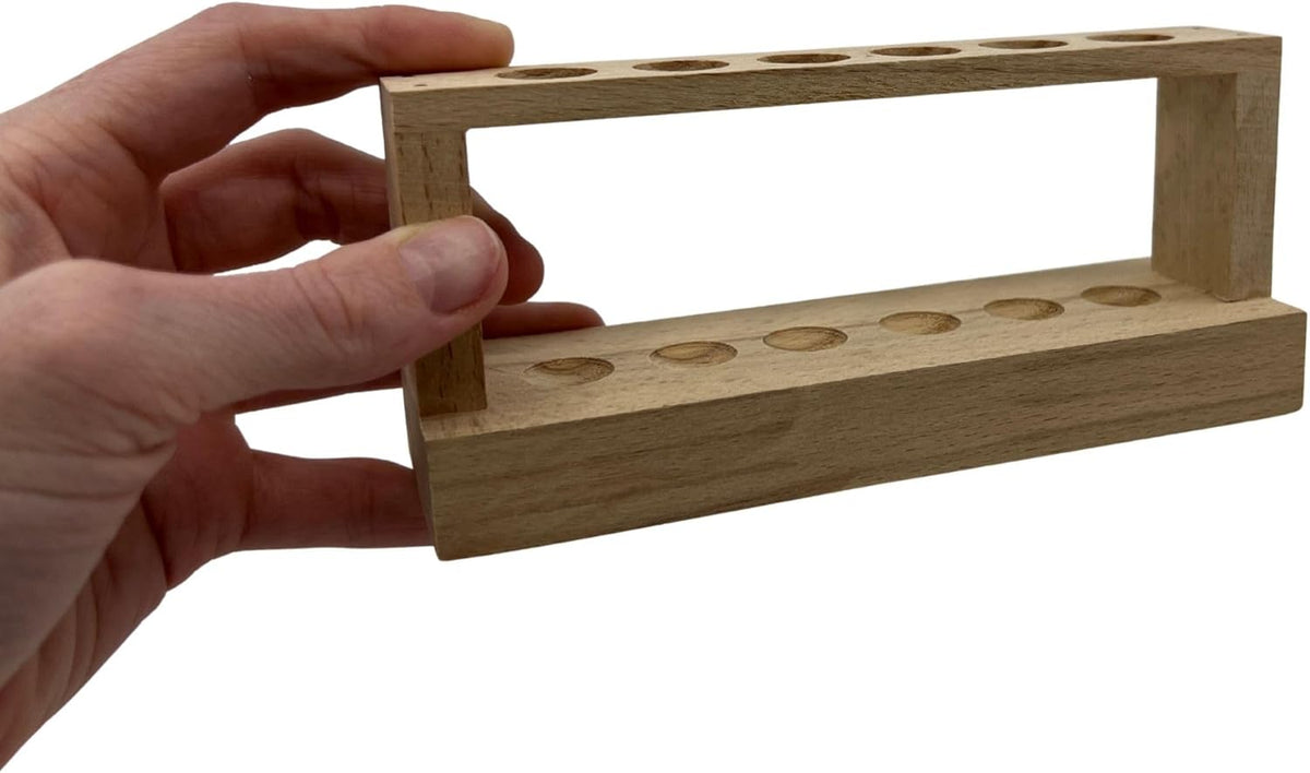 EISCO Small Wooden Test Tube Rack - Holds 6 x 15mm Diameter Tubes - 6" Long, 2.7" Tall - Economy Unfinished Hardwood Construction Labs
