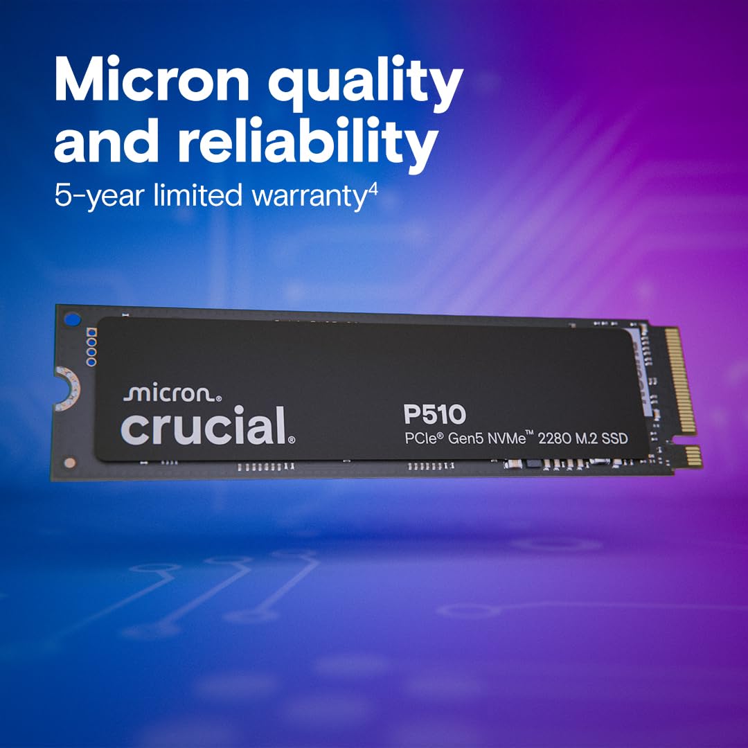 Crucial P510 PCIe Gen5 NVMe 2TB SSD with Heatsink, Up to 10,000MB/s, TLC NAND, Laptop & Desktop (PC) Compatible, for Gamers & Creatives, Solid State Drive – CT2000P510SSD5-01