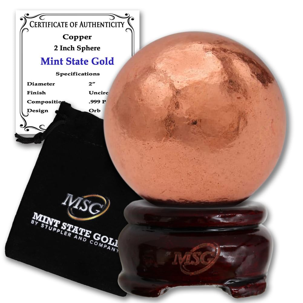 Copper Ball Paperweight with Wooden Base | 2" (50.8 mm - 1.29 lb) 99.9% Pure Solid Sphere with Certificate of Authenticity by Mint State Gold