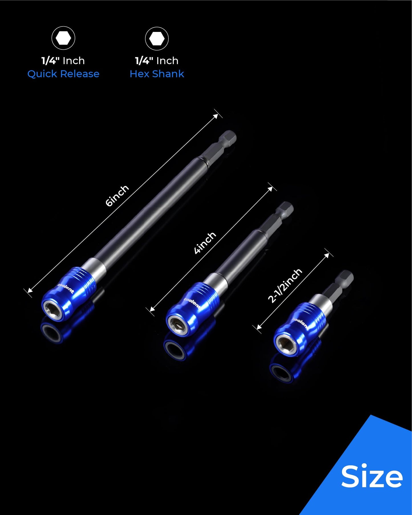 toolant Magnetic Drill Bit Extension Set, 4PCS (2.5", 4", 6", 12"), Quick-Insert, Anti-Wobble Sleeve, Strong Magnet, 1/4" Hex Bit Holder, Alloy & Stainless Steel for Impact Driver