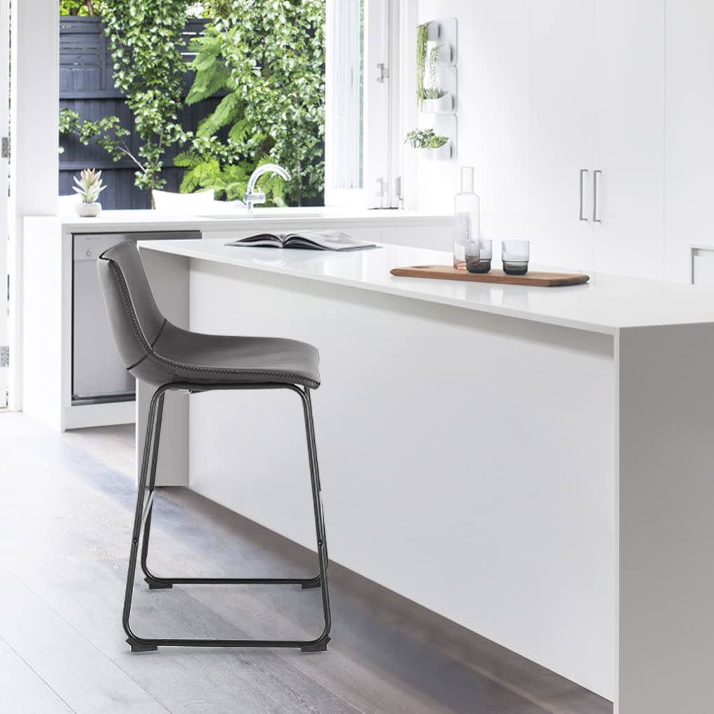 POLY & BARK Brinley Counter Stool Set of 3, Modern Armless Counter-Height Stools with Gently Curved Backrest and Wood Legs, Tan Faux Leather, for Kitchen Island or Breakfast Bar, 24" seat height