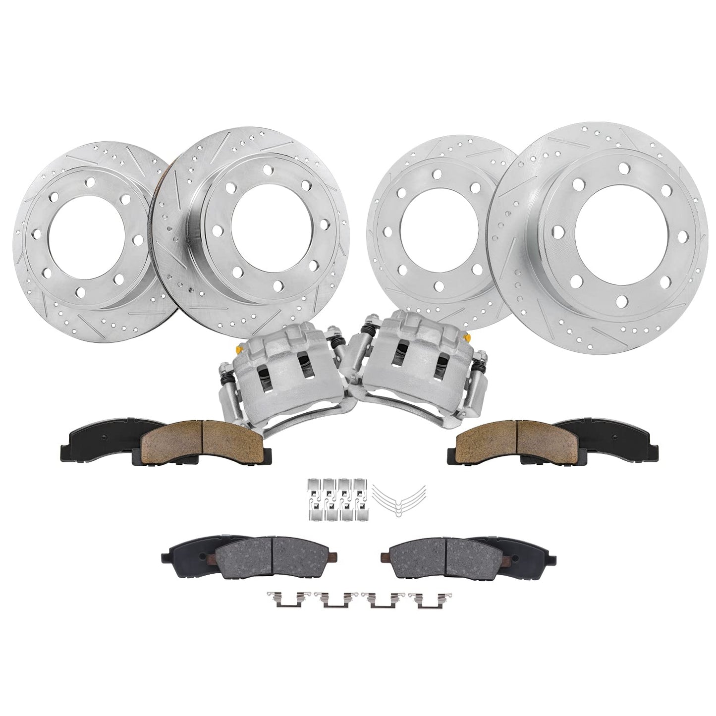 Detroit Axle - Brake Kit for Chevy GMC Silverado Sierra 1500 Tahoe Yukon XL Suburban Escalade ESV Drilled Disc Rotors Ceramic Brakes Pads Replacement : 12.99" Front & 13.58" Rear Rotor