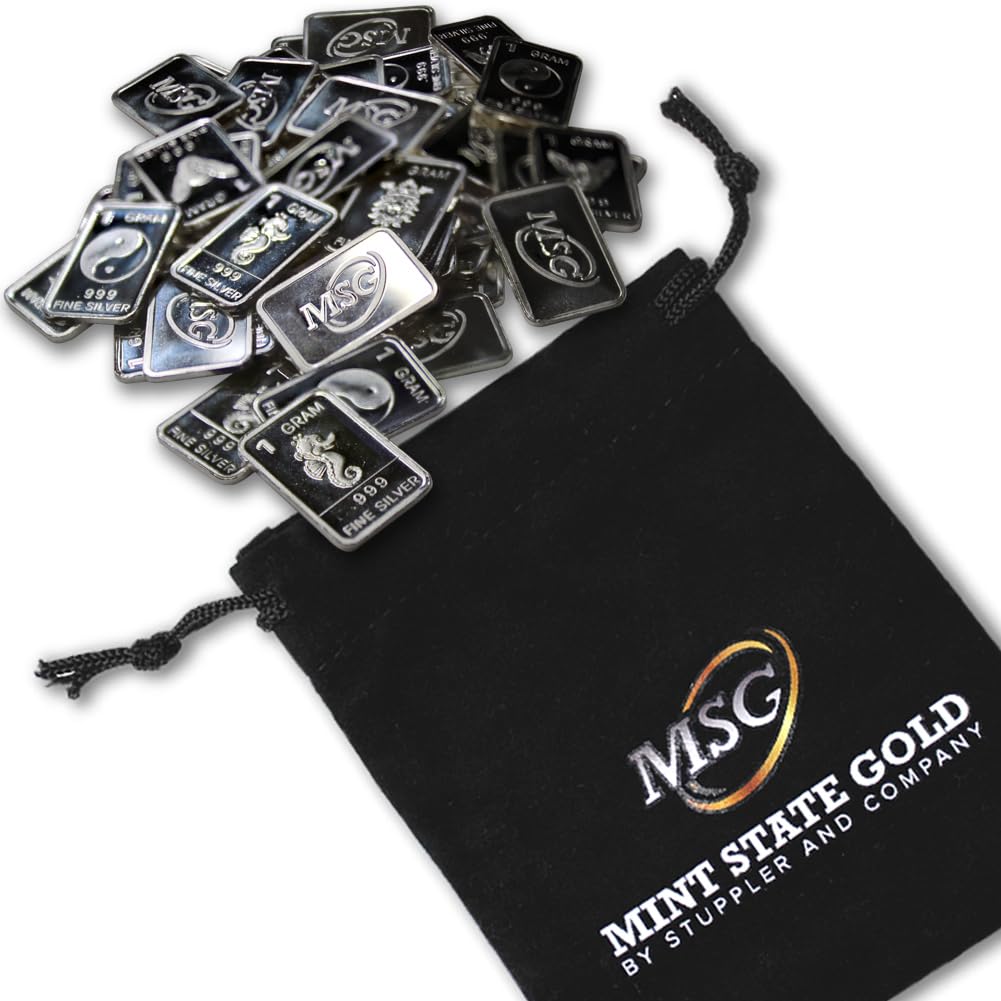 Ten (10) One Gram .999 Pure Silver Bars with Random Designs in a Jewelry Pouch by Mint State Gold