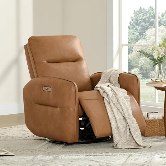 CHITA Faux Leather Power Recliner Chair, Swivel Glider Recliner for Adults, Nursery Rocking Chair with USB & Type-C Charging for Living Room, Bedroom, Creamy Grey