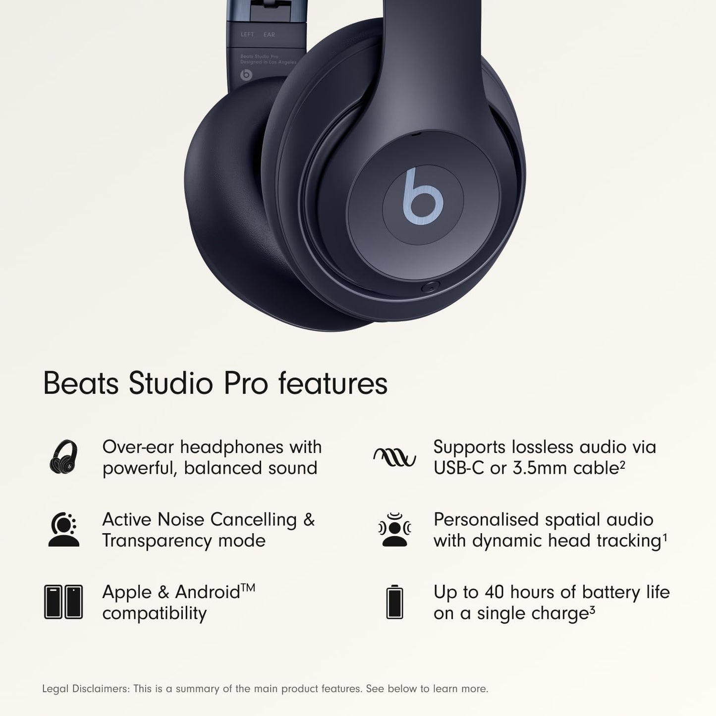Beats Studio Pro Premium Wireless Over-Ear Headphones- Up to 40-Hour Battery Life, Active Noise Cancelling, Great for Travel & Commuting, USB-C Lossless Audio, Apple & Android Compatible - Navy