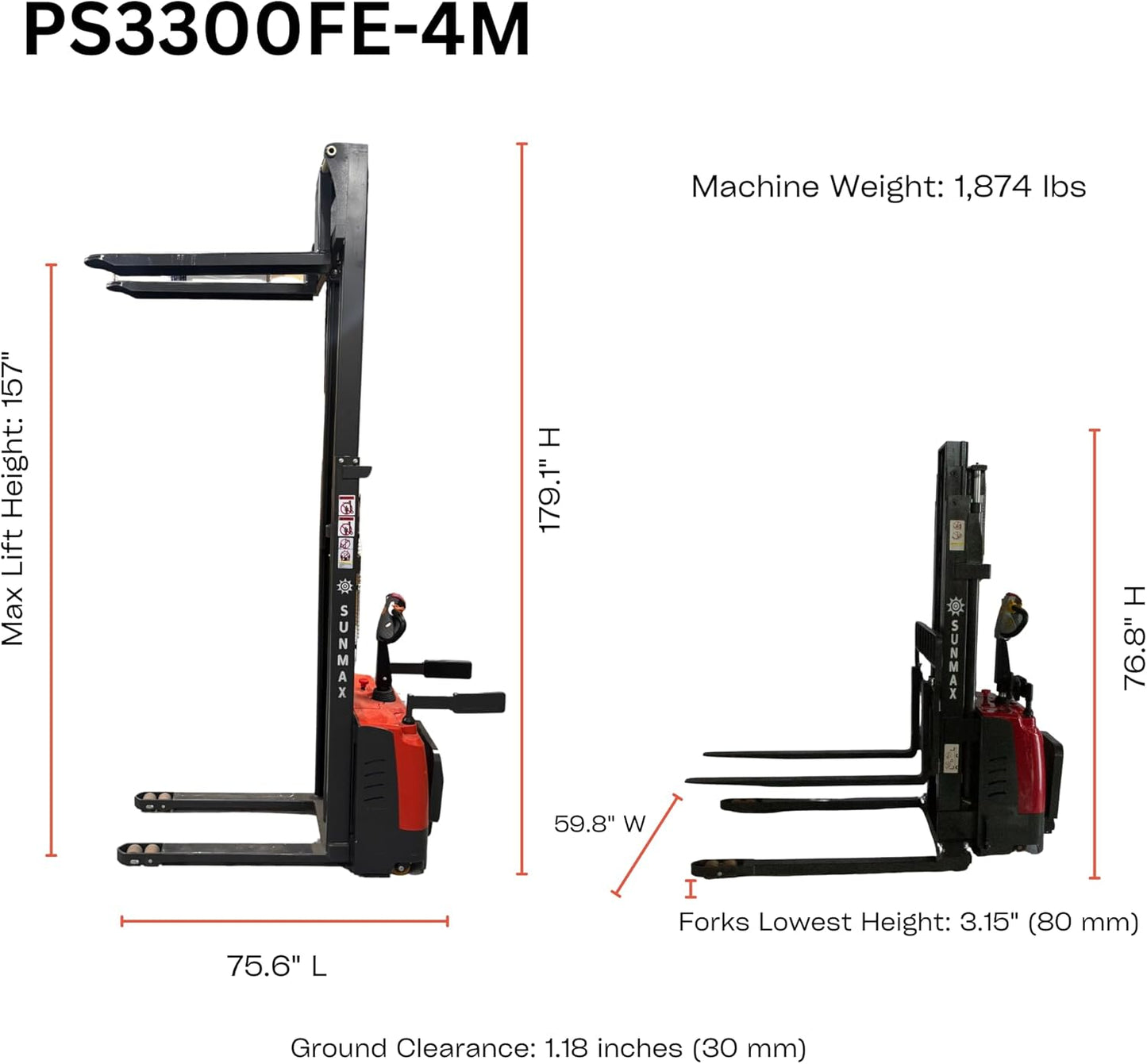 SUNMAX Electric Straddle Stacker, 3300 lbs Capacity, 157 inch Lift Height, Steel Frame, Red and Black